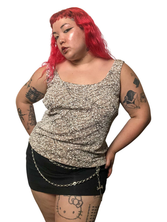 90’s Alex Evenings Glittery Tan Leafy Print Tank Top (XL/2X)