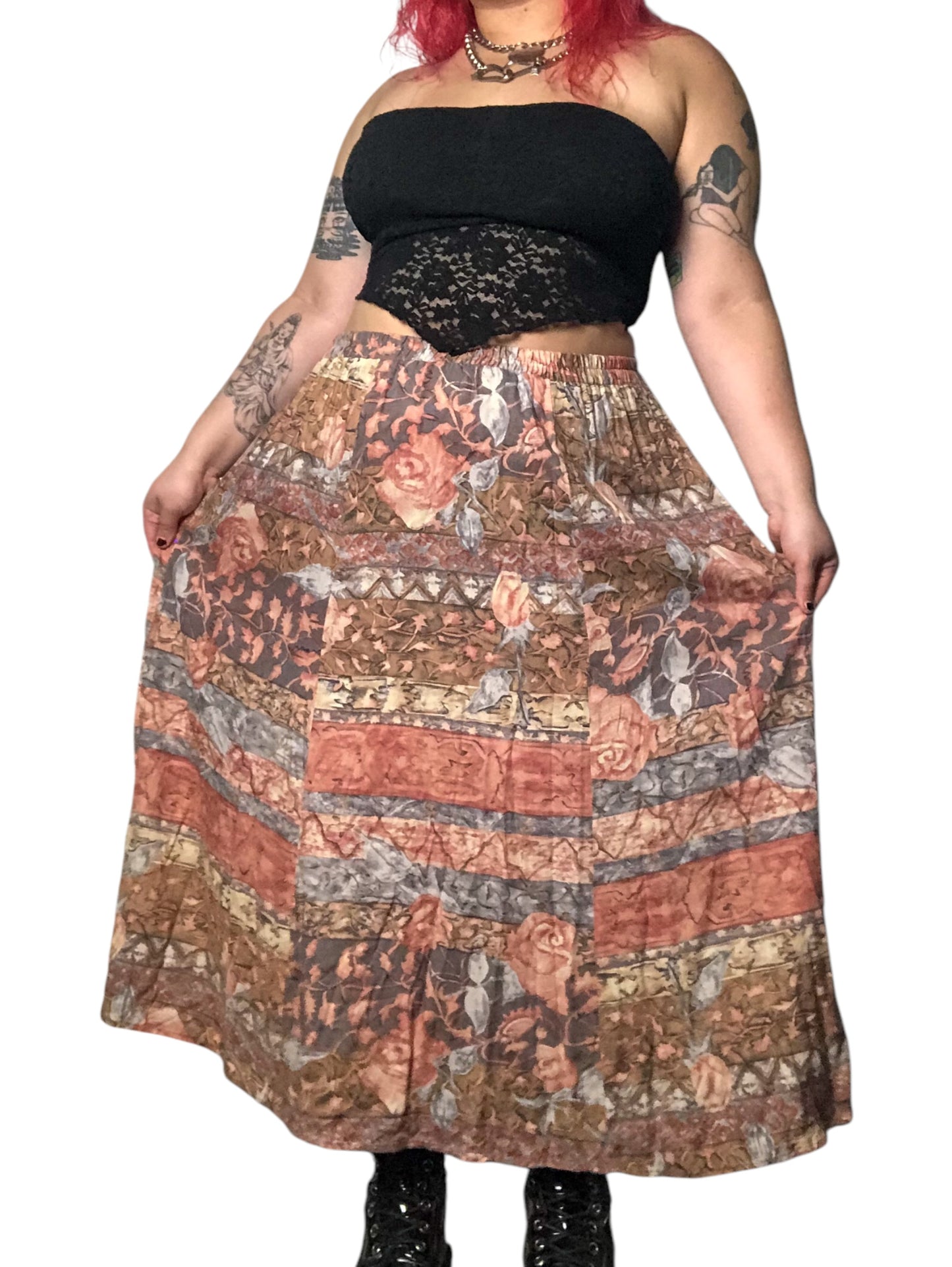 90’s August Max Woman Pink and Khaki Floral Print Skirt (2X)