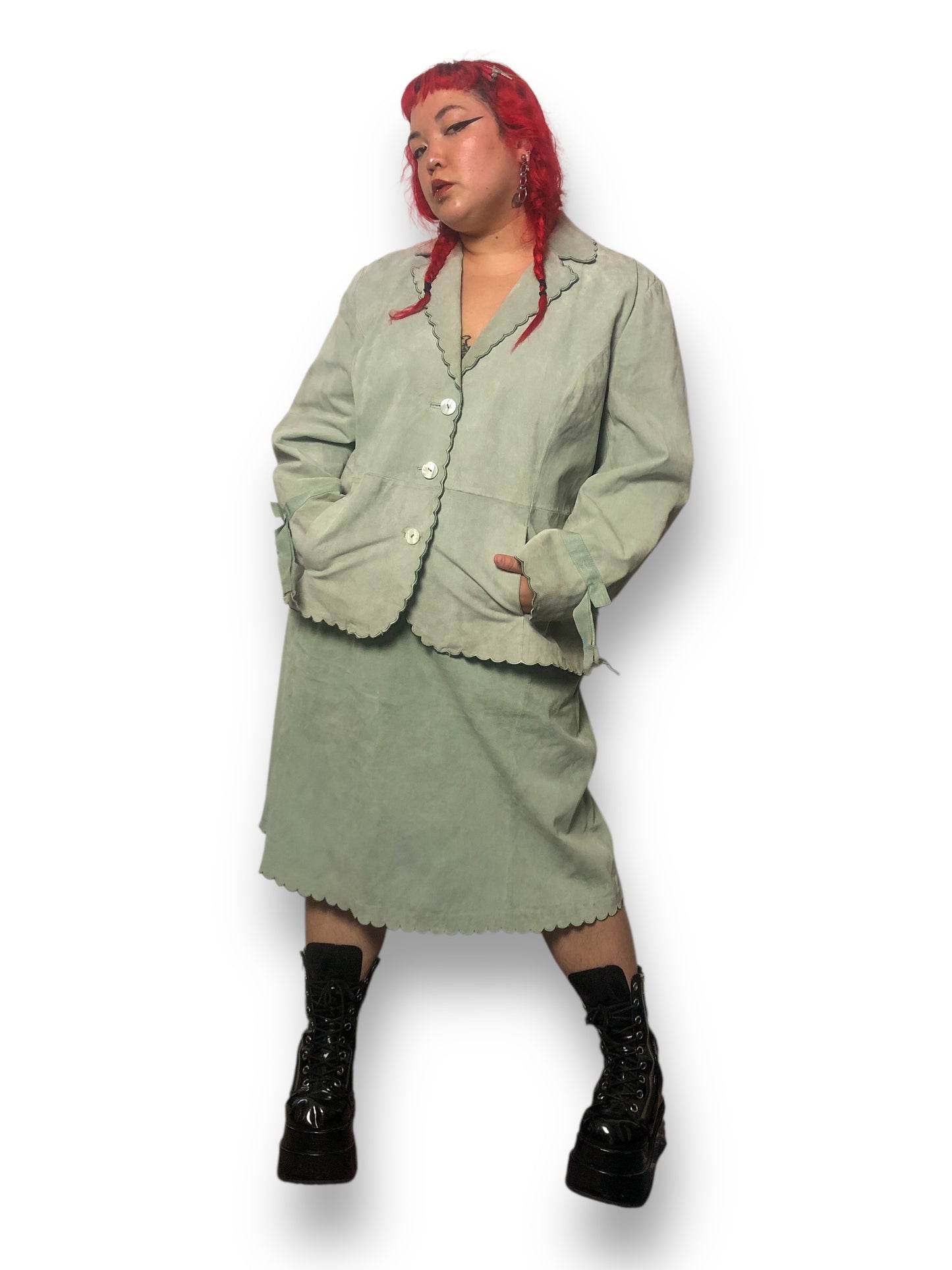 90’s Terry Lewis Mint Green Leather Skirt Suit