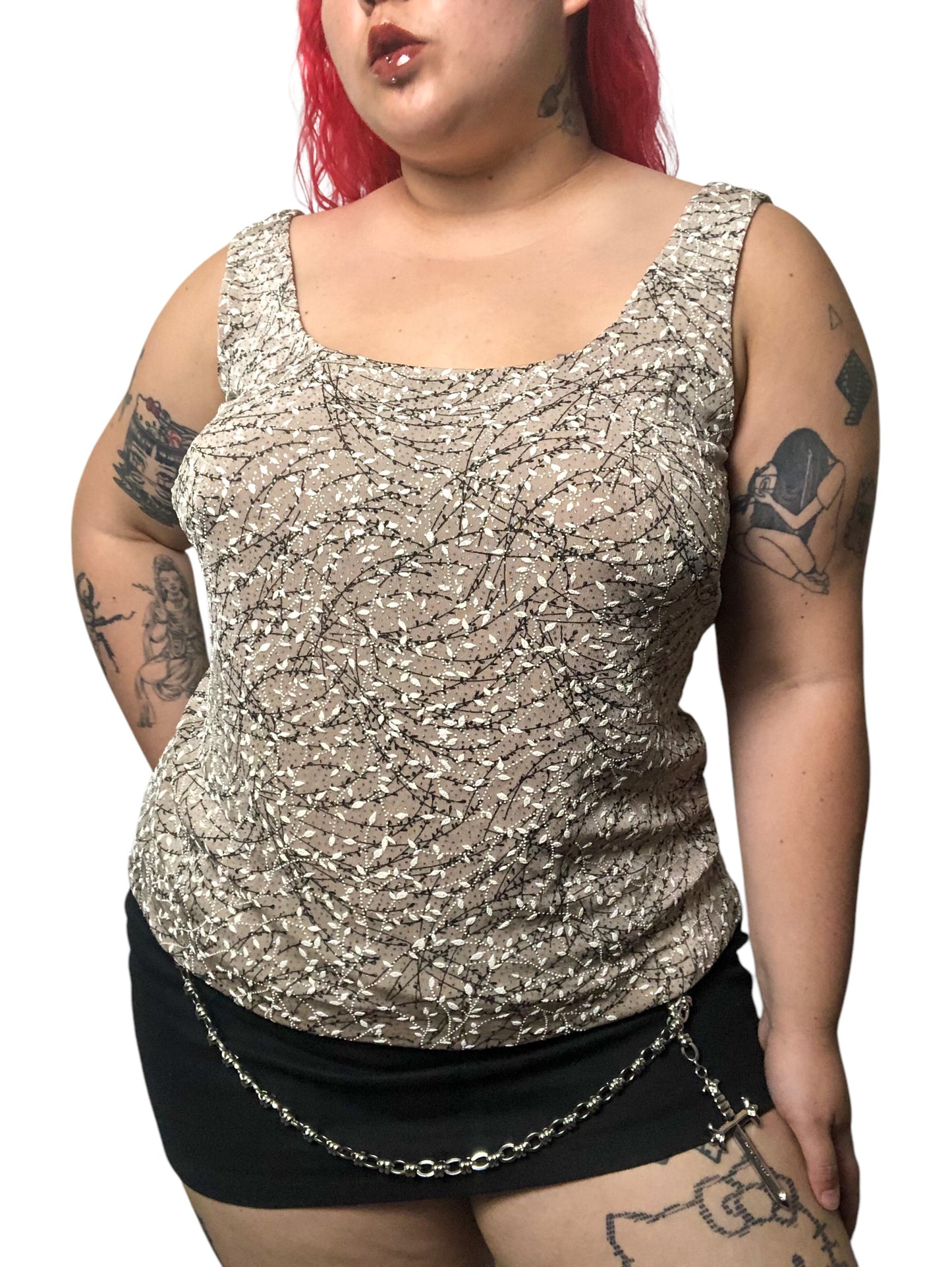 90’s Alex Evenings Glittery Tan Leafy Print Tank Top (XL/2X)