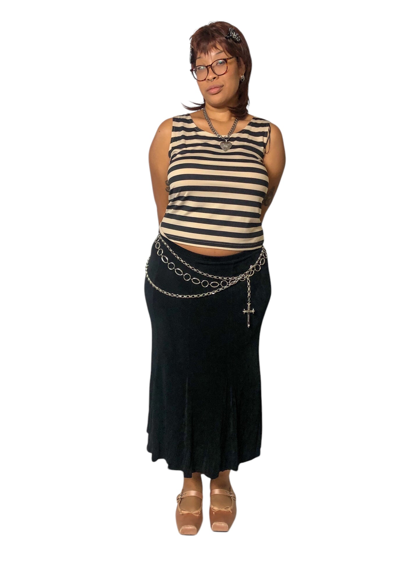 Y2K Draper’s & Damon’s Black and Cream Striped Tank Top (L)