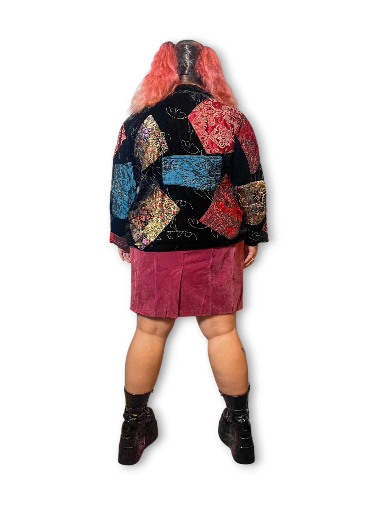 90’s/Y2K Patchwork Velvet Bomber Jacket (XL)