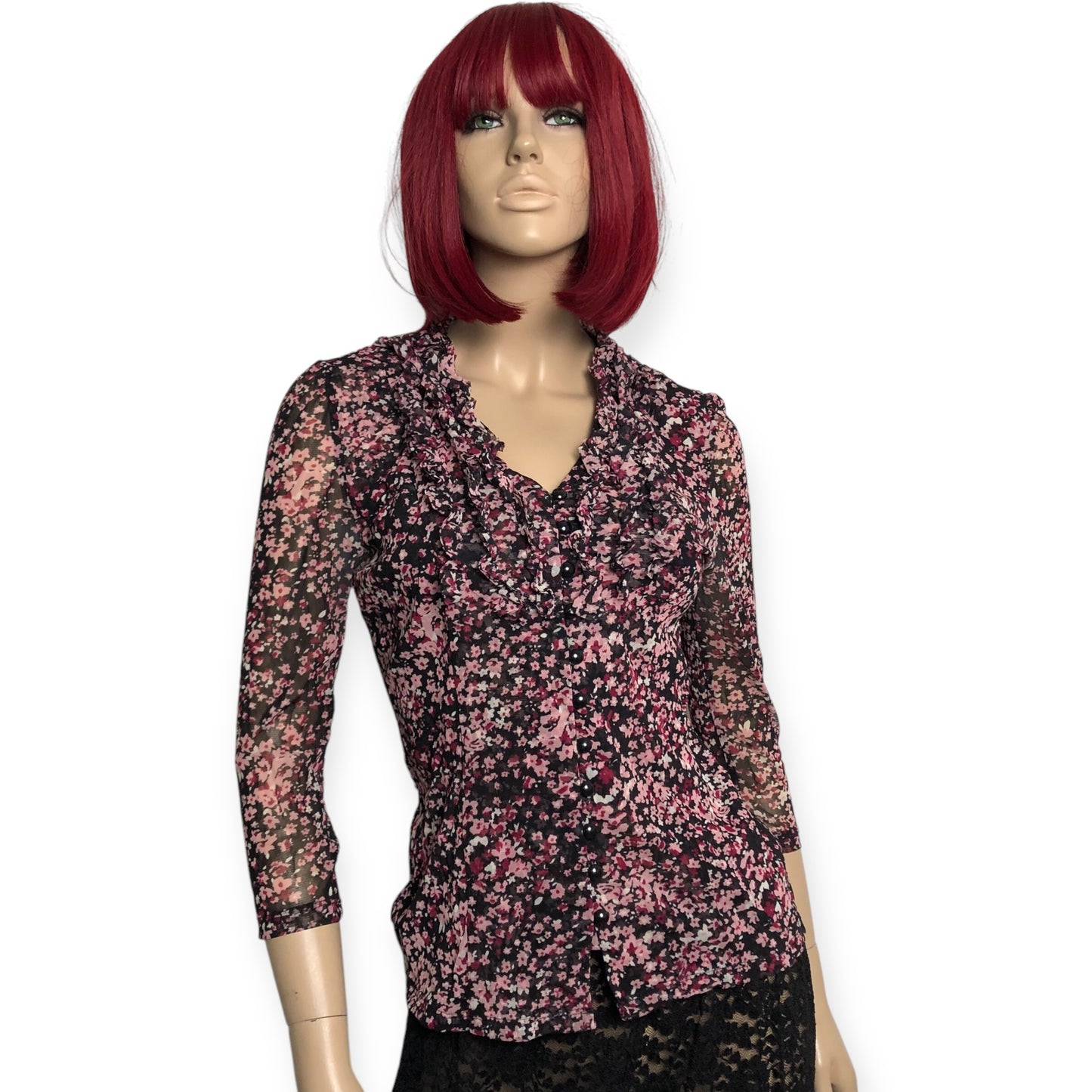 90’s INC International Concepts Black and Pink Floral Print Mesh Blouse (M)