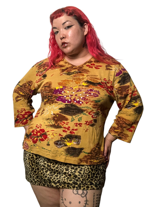 90’s/Y2K Jane Ashley Mustard Floral Print Long Sleeve Shirt (3X)