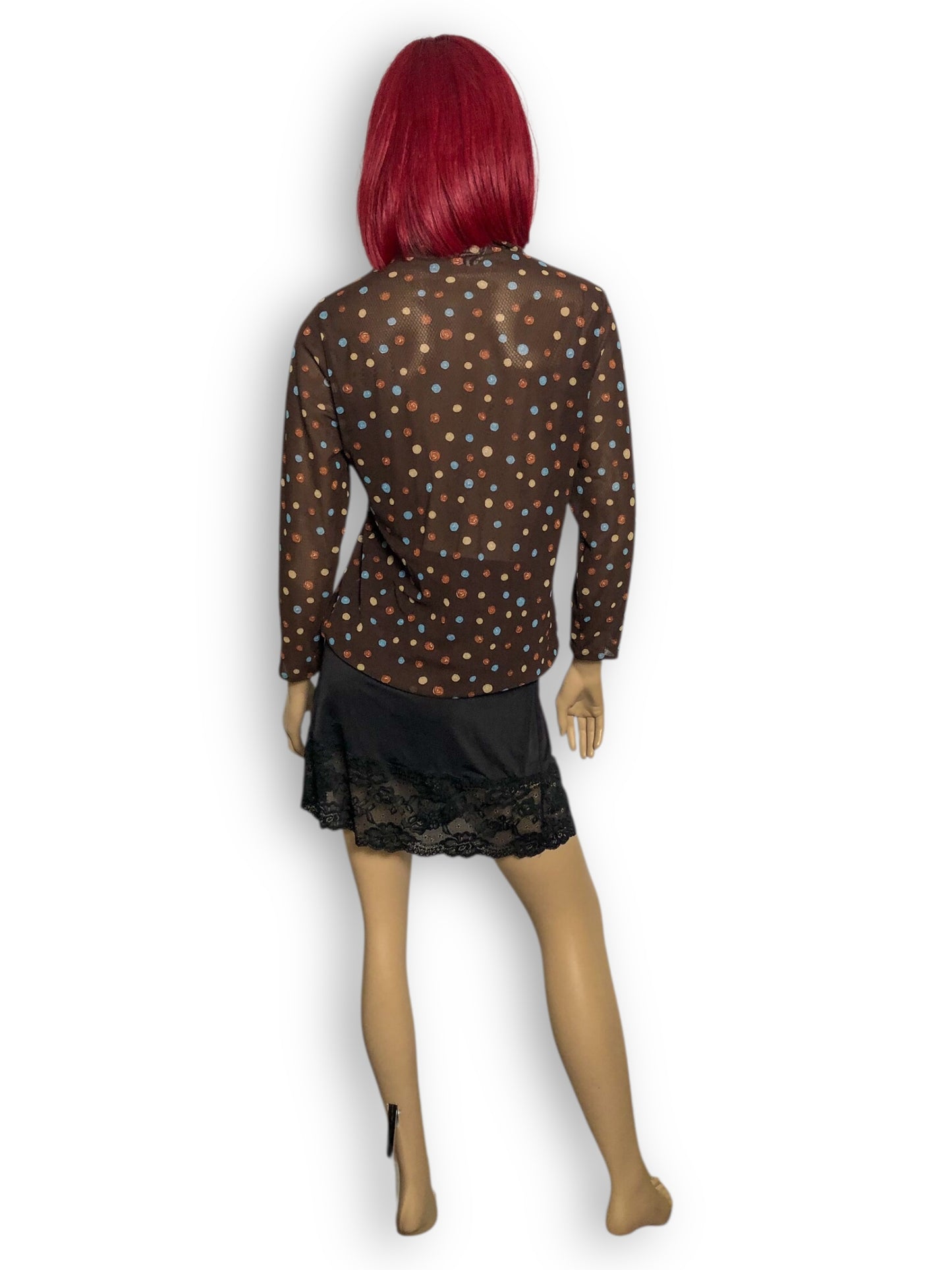 90’s/Y2K Brown Polka Dot Mesh Long Sleeve Top (M)