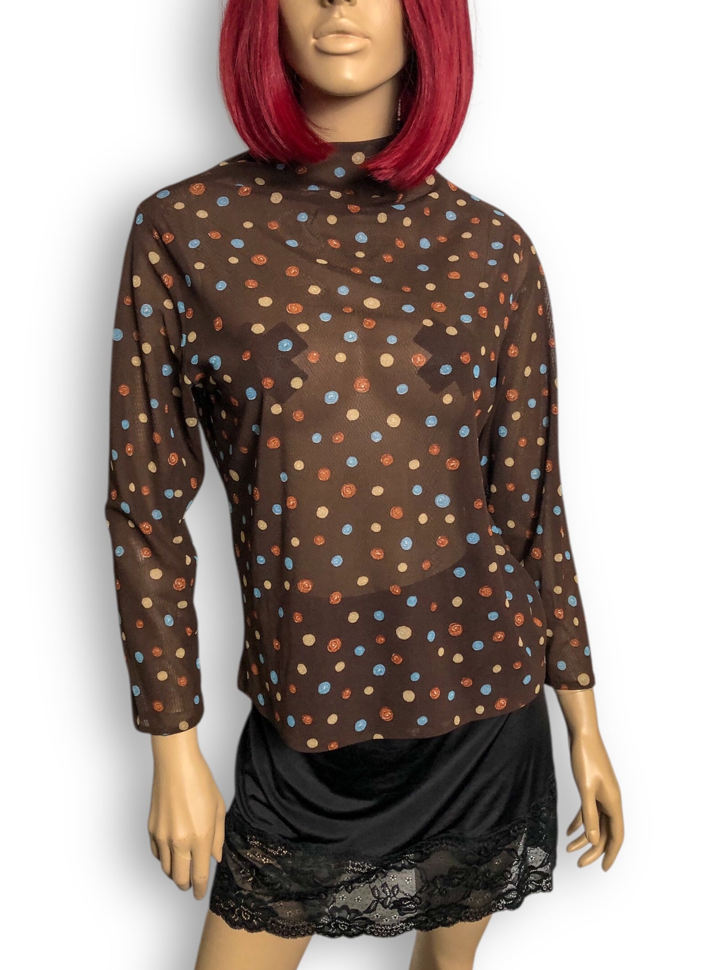 90’s/Y2K Brown Polka Dot Mesh Long Sleeve Top (M)