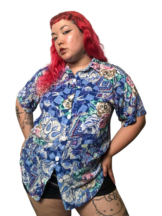 80’s/90’s Victoria Jones Blue Retro Print Button Down Shirt (2X)