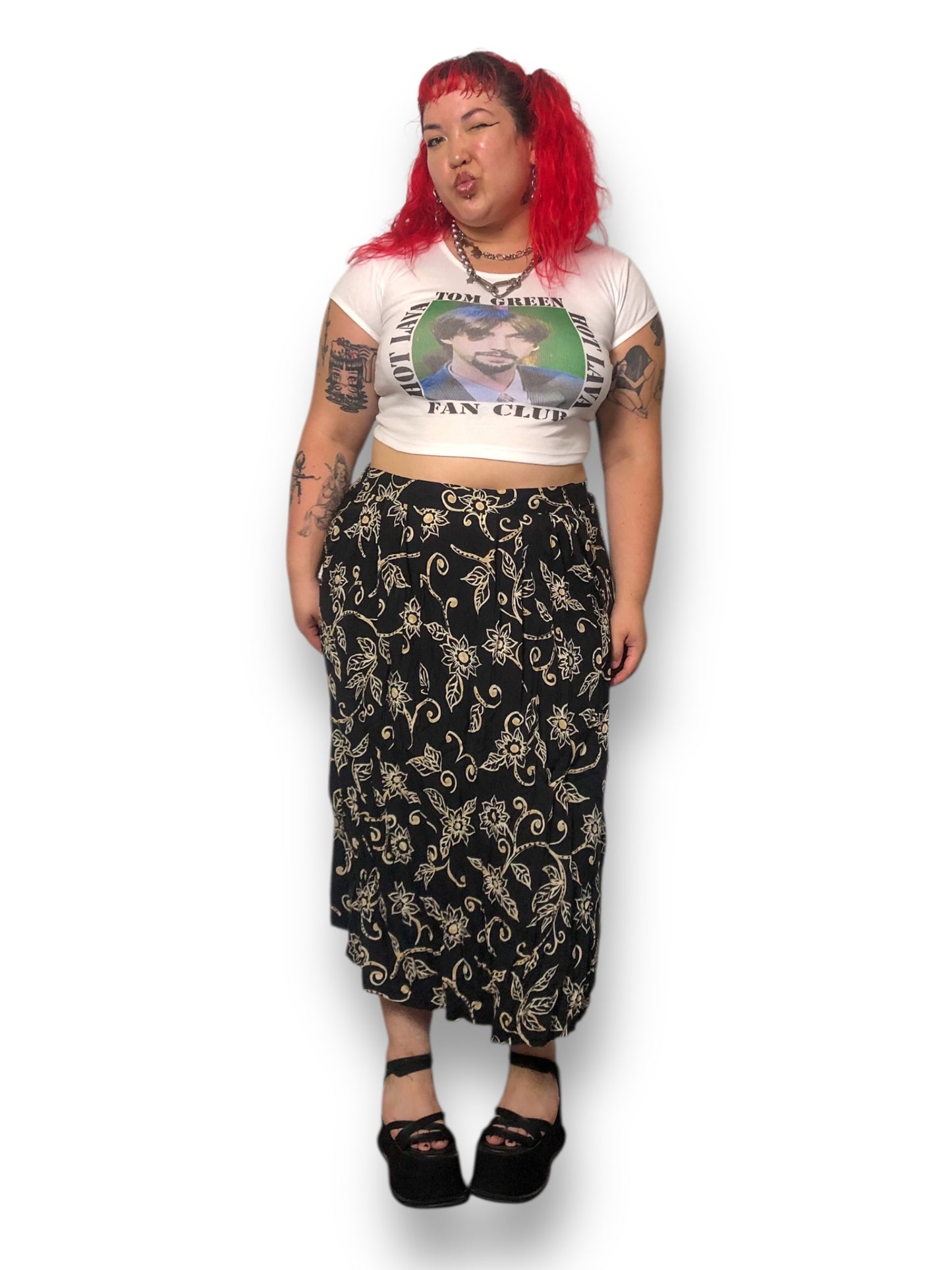 Y2K Sag Harbor Black Floral Print Midi Skirt (2X)