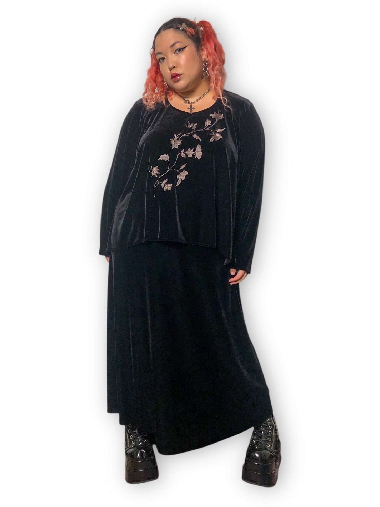 90’s/Y2K Jazz II Black Velvet Long Sleeve Maxi Dress (3X)