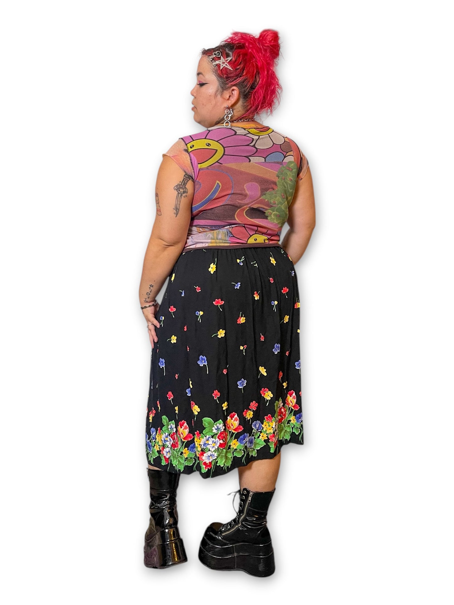 90’s/Y2K Black Floral Print Skirt (XL/1X)