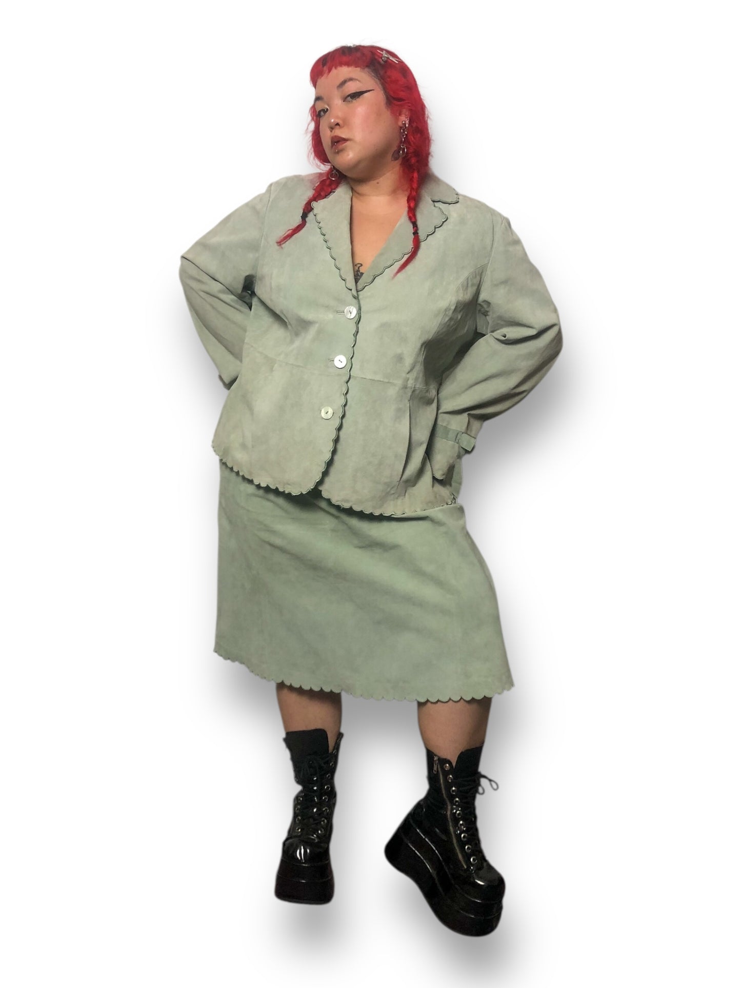 90’s Terry Lewis Mint Green Leather Skirt Suit