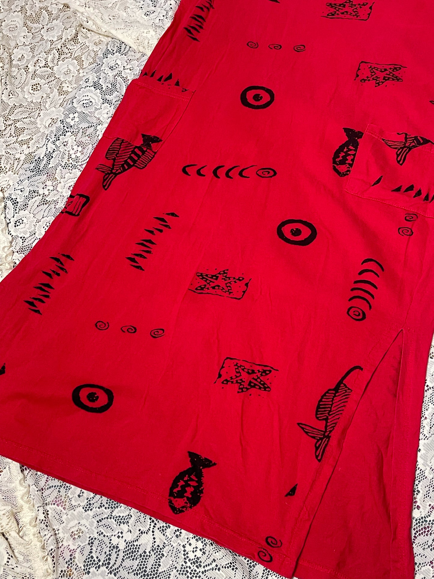 Y2K Red Boho Print Midi Dress (L)