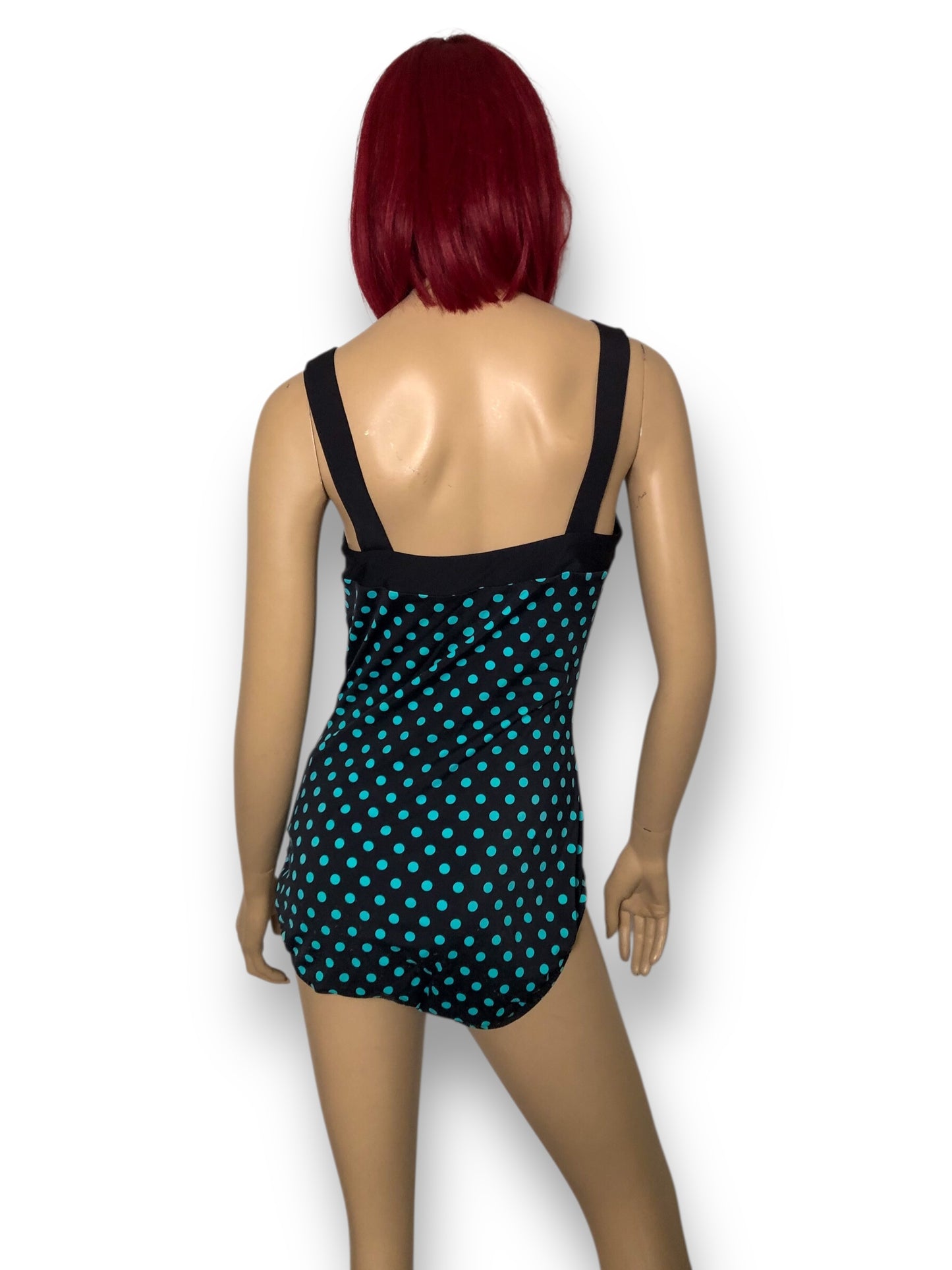90’s/Y2K INC International Concepts Black and Turquoise Polka Dot Swimsuit (L)