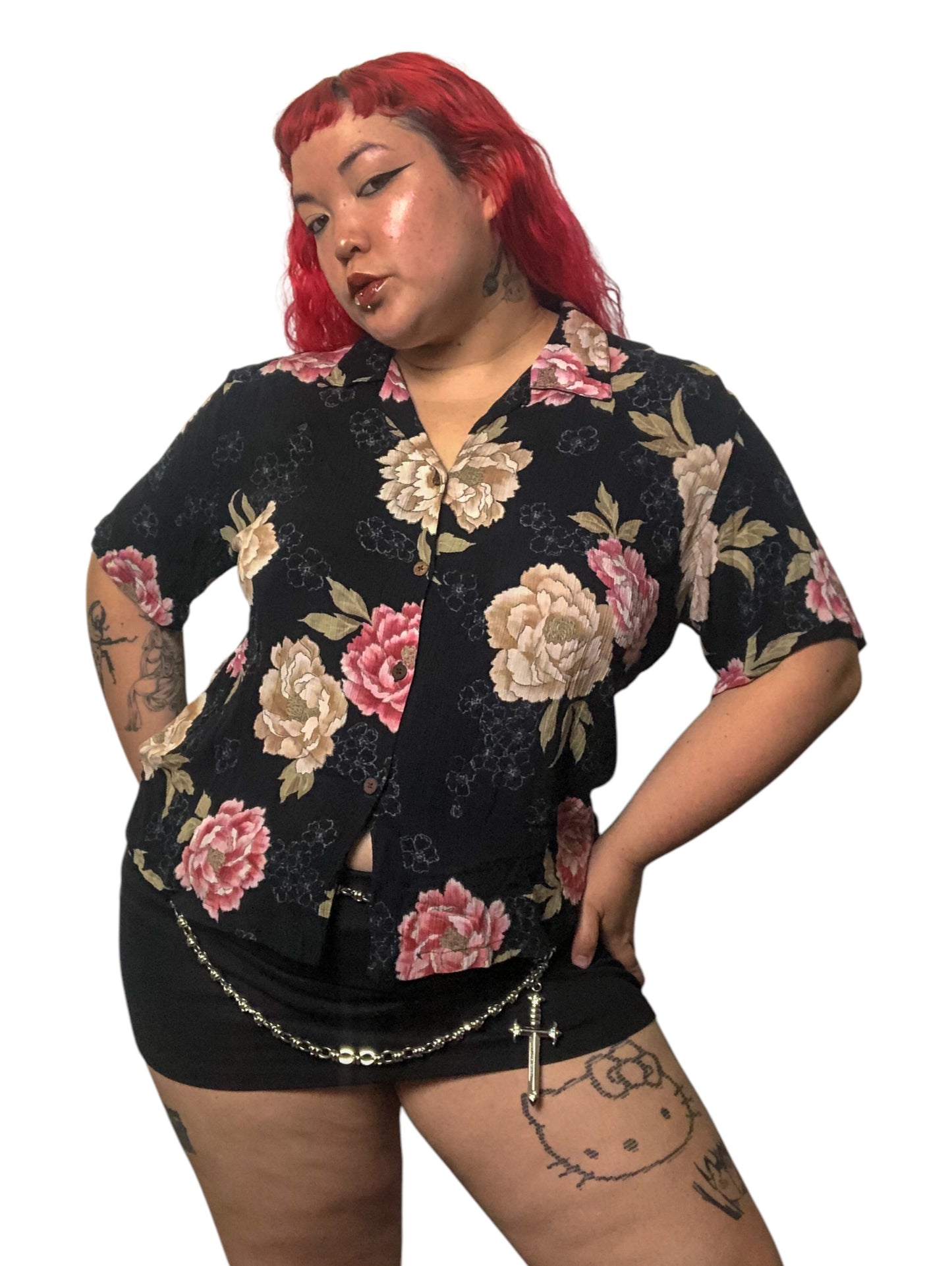 90’s Bishop St. Black Floral Print Button Down Shirt (2X)