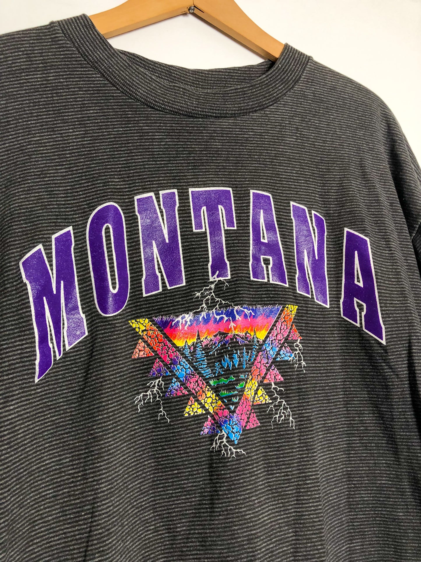 90’s/Y2K Montana Gray Striped T-Shirt (L)