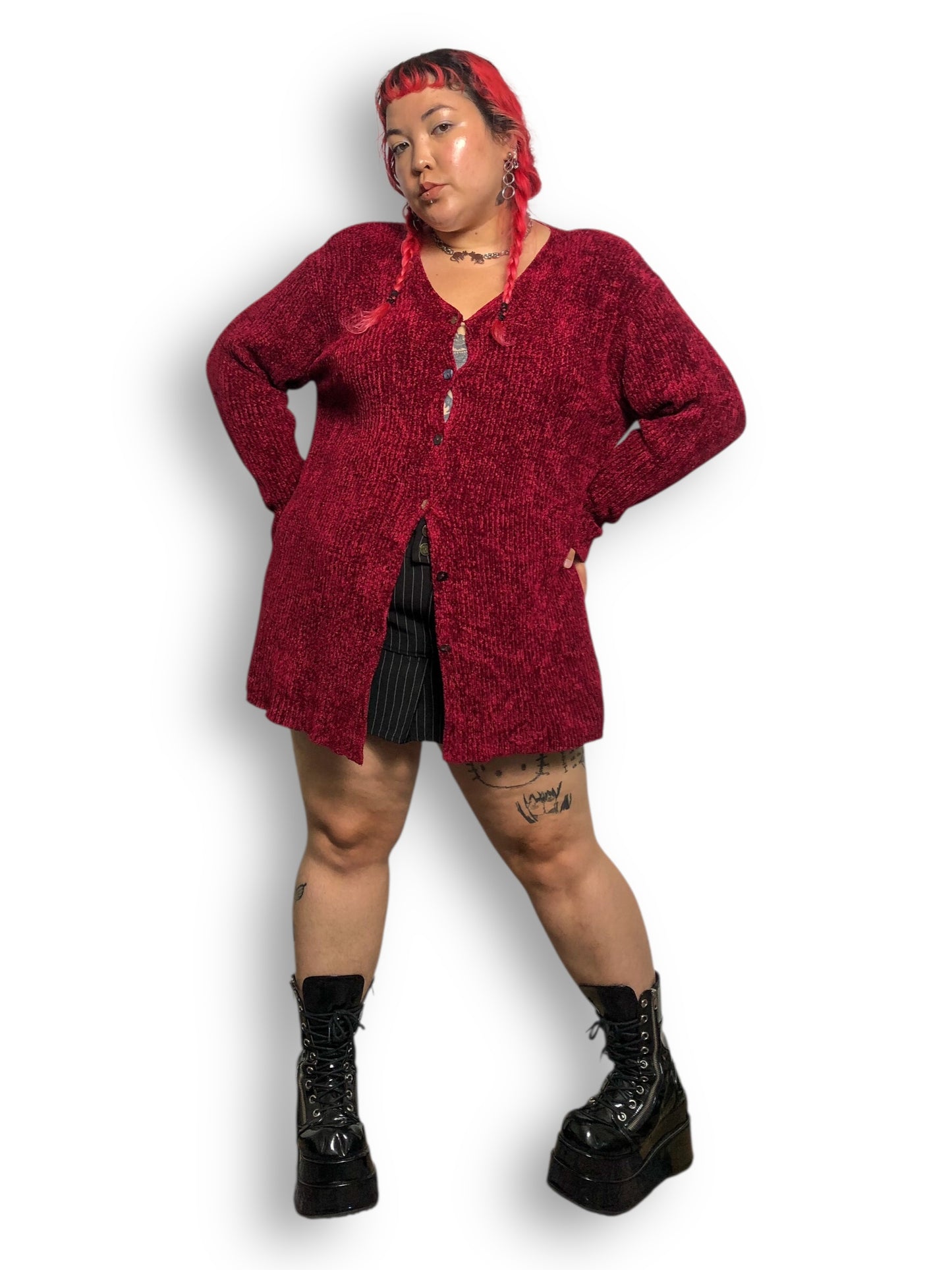 90’s/Y2K Valerie Stevens II Wine Red Knit Cardigan Sweater (XL)