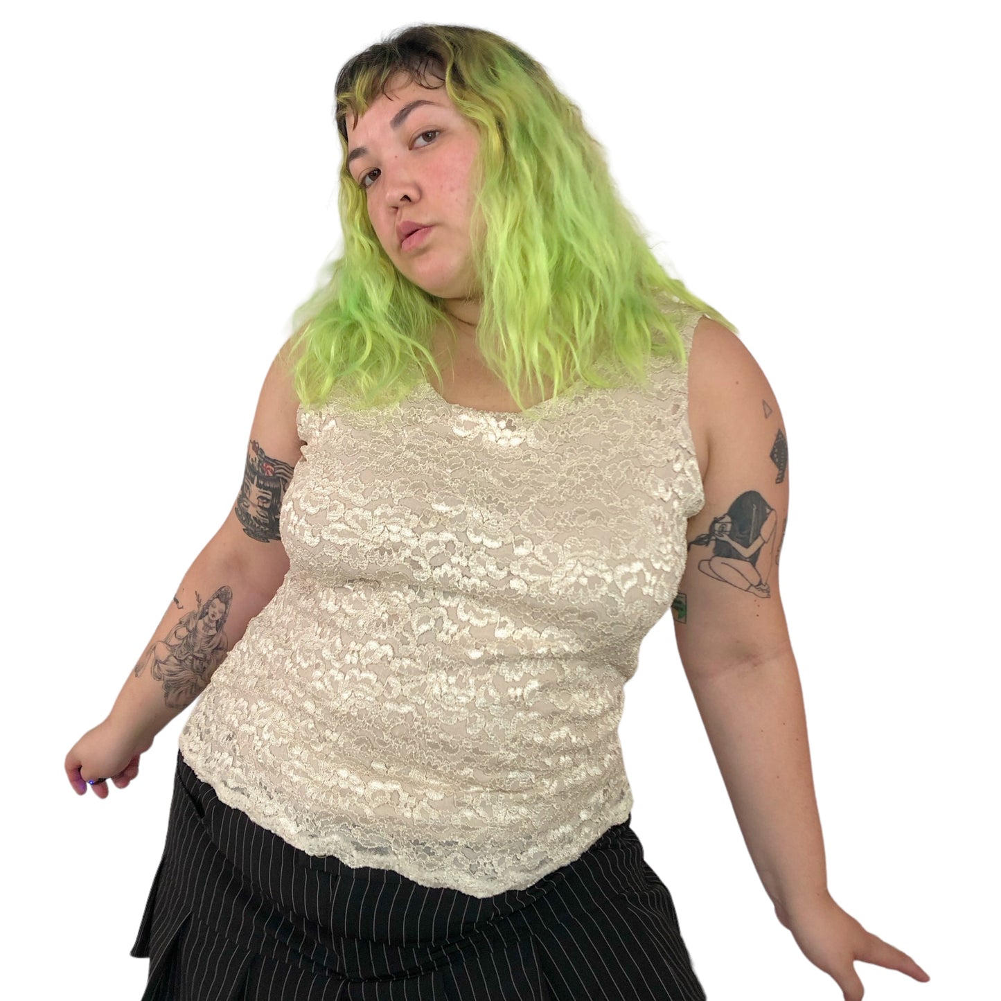 Y2K JM Collection Cream Floral Lace Tank Top (XL)