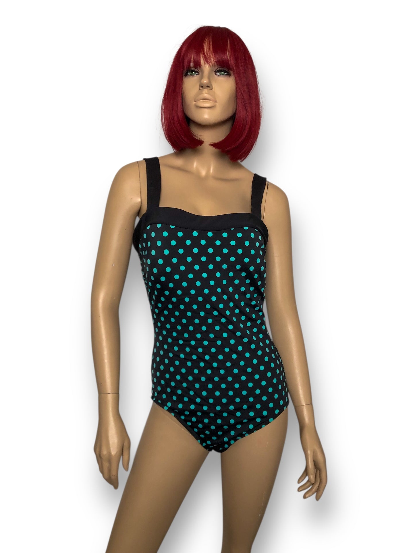 90’s/Y2K INC International Concepts Black and Turquoise Polka Dot Swimsuit (L)
