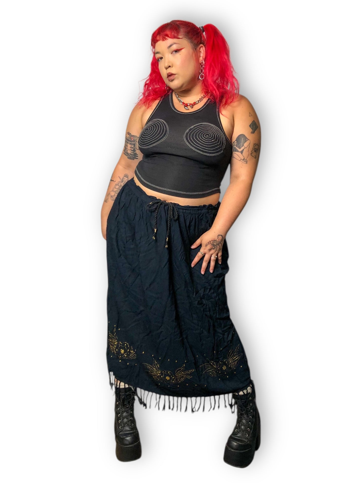 90’s/Y2K Cottonfields Black Midi Skirt (XL/2X/3X)