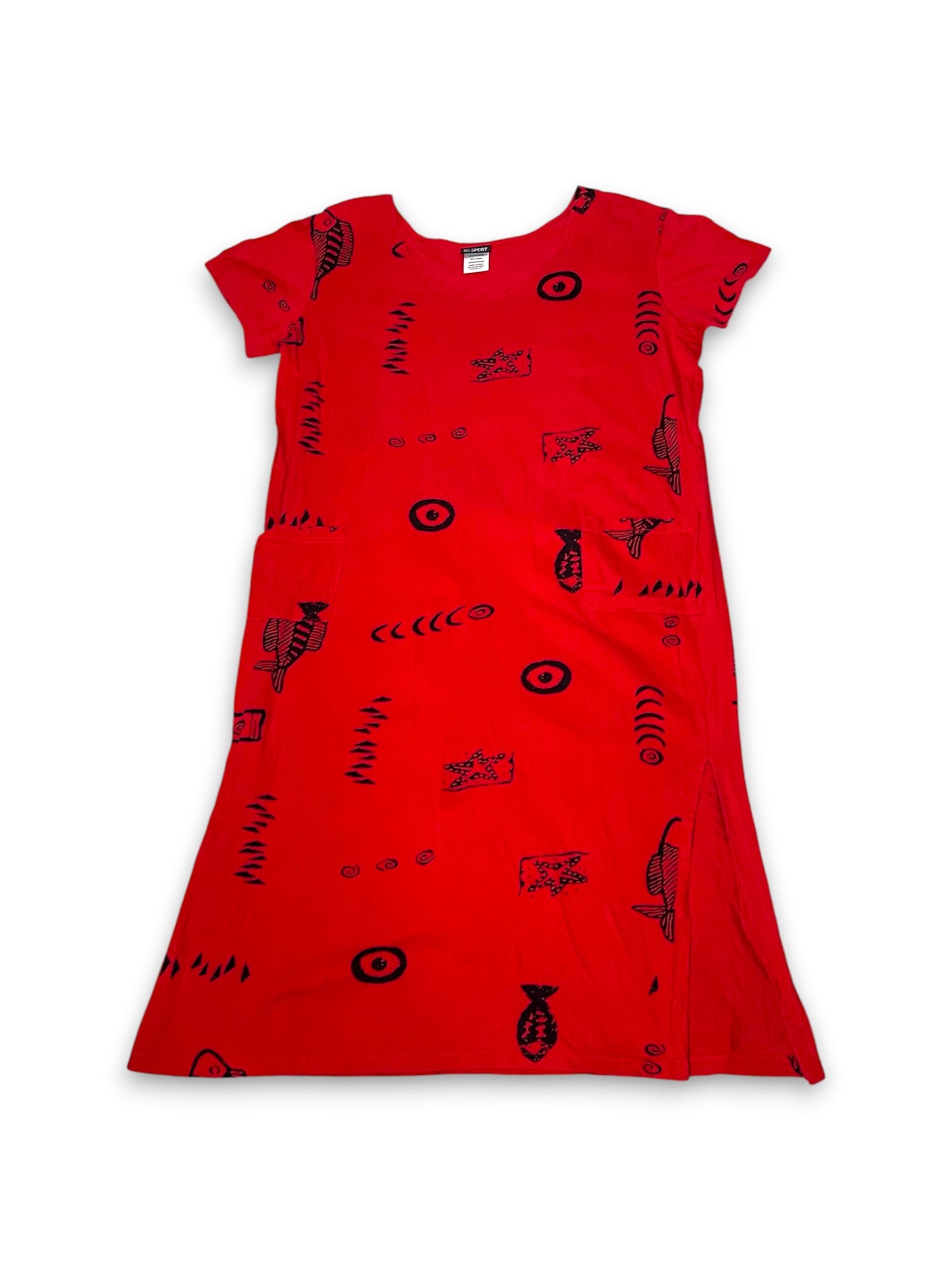 Y2K Red Boho Print Midi Dress (L)