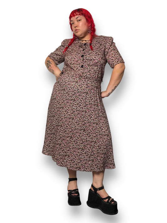 80’s Ms. Basia California Purple Floral Print A-Line Dress (XL)