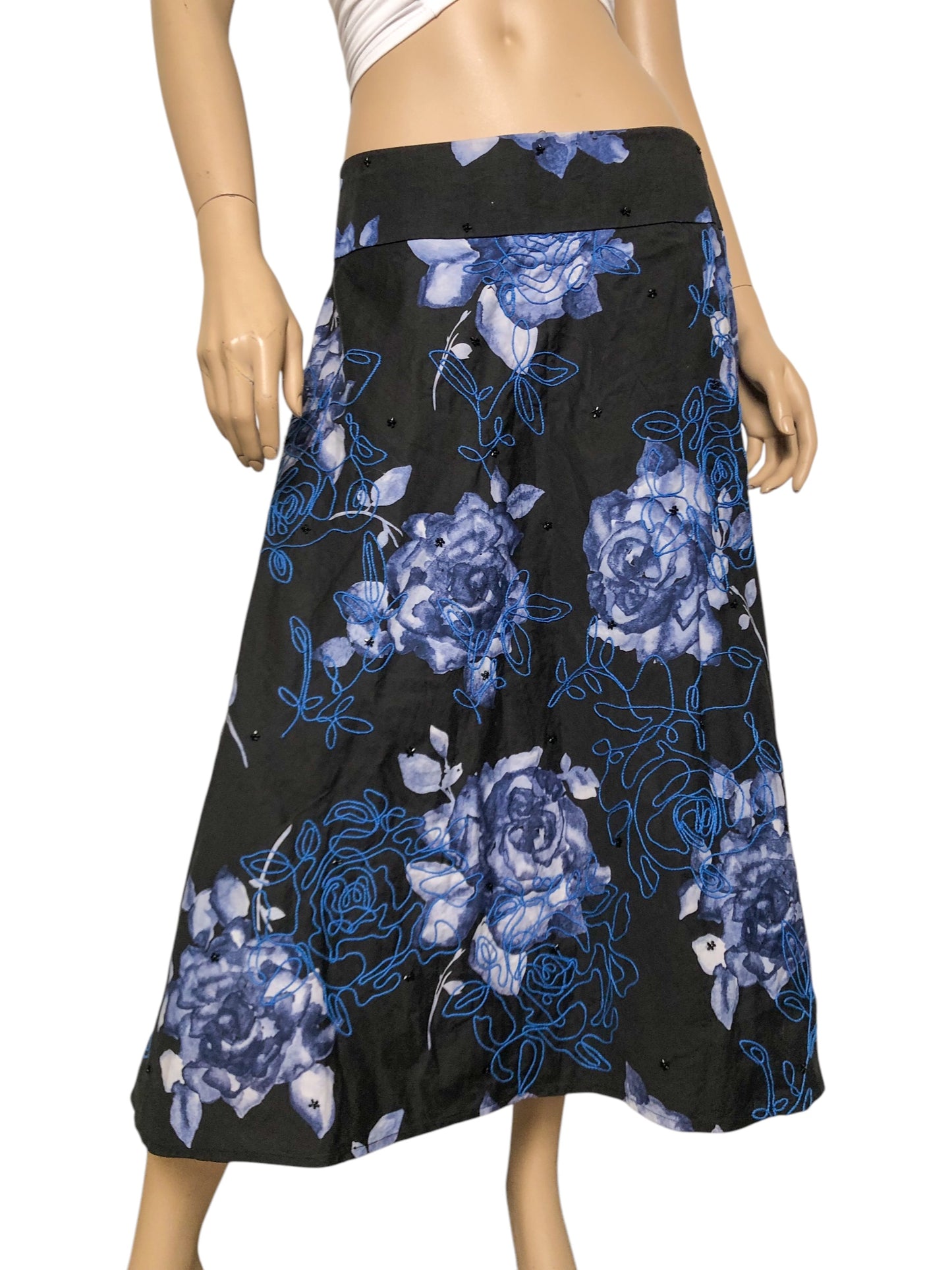 90’s/Y2K Grace Elements Black and Blue Floral Watercolor A-Line Skirt (M)