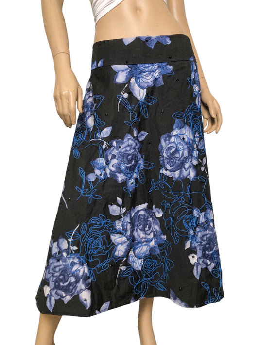 90’s/Y2K Grace Elements Black and Blue Floral Watercolor A-Line Skirt (M)