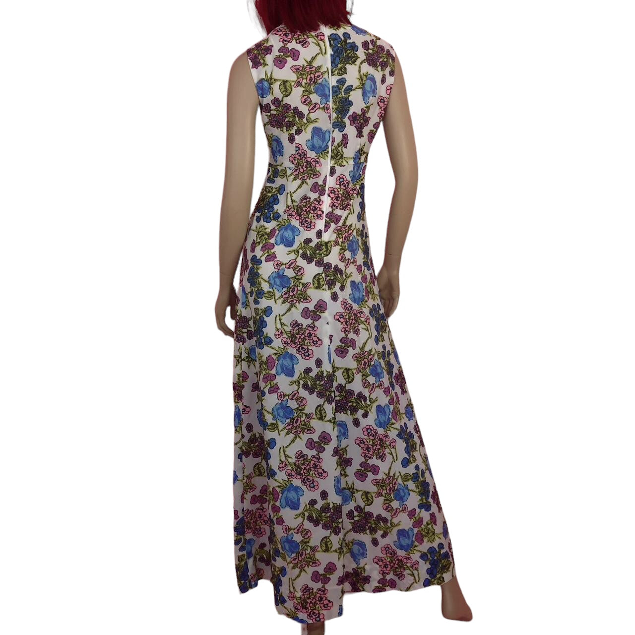 60's/70's White Floral Print Maxi Dress (S/M)