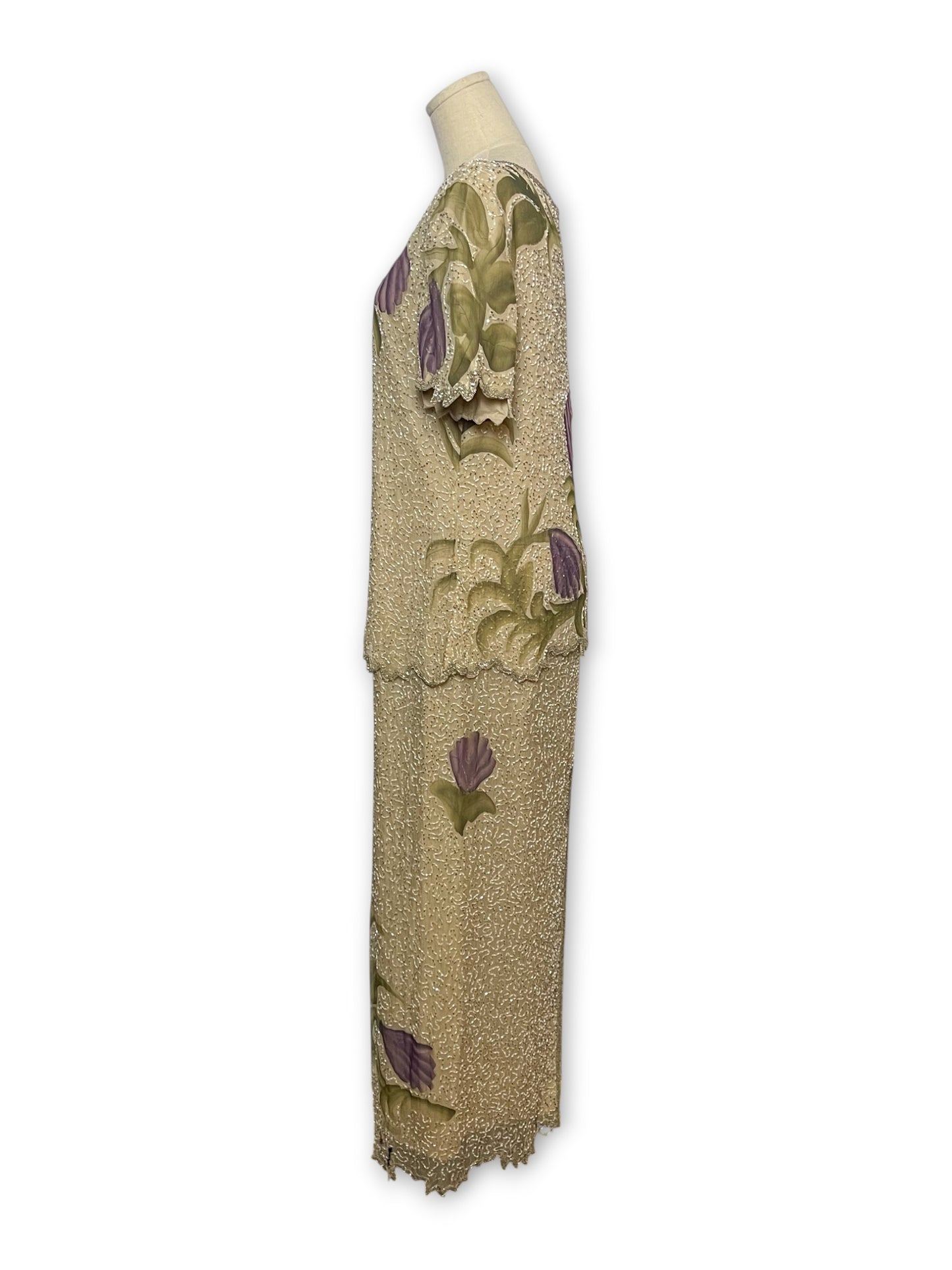 90’s Floral Silk Beaded Layered Dress (M)