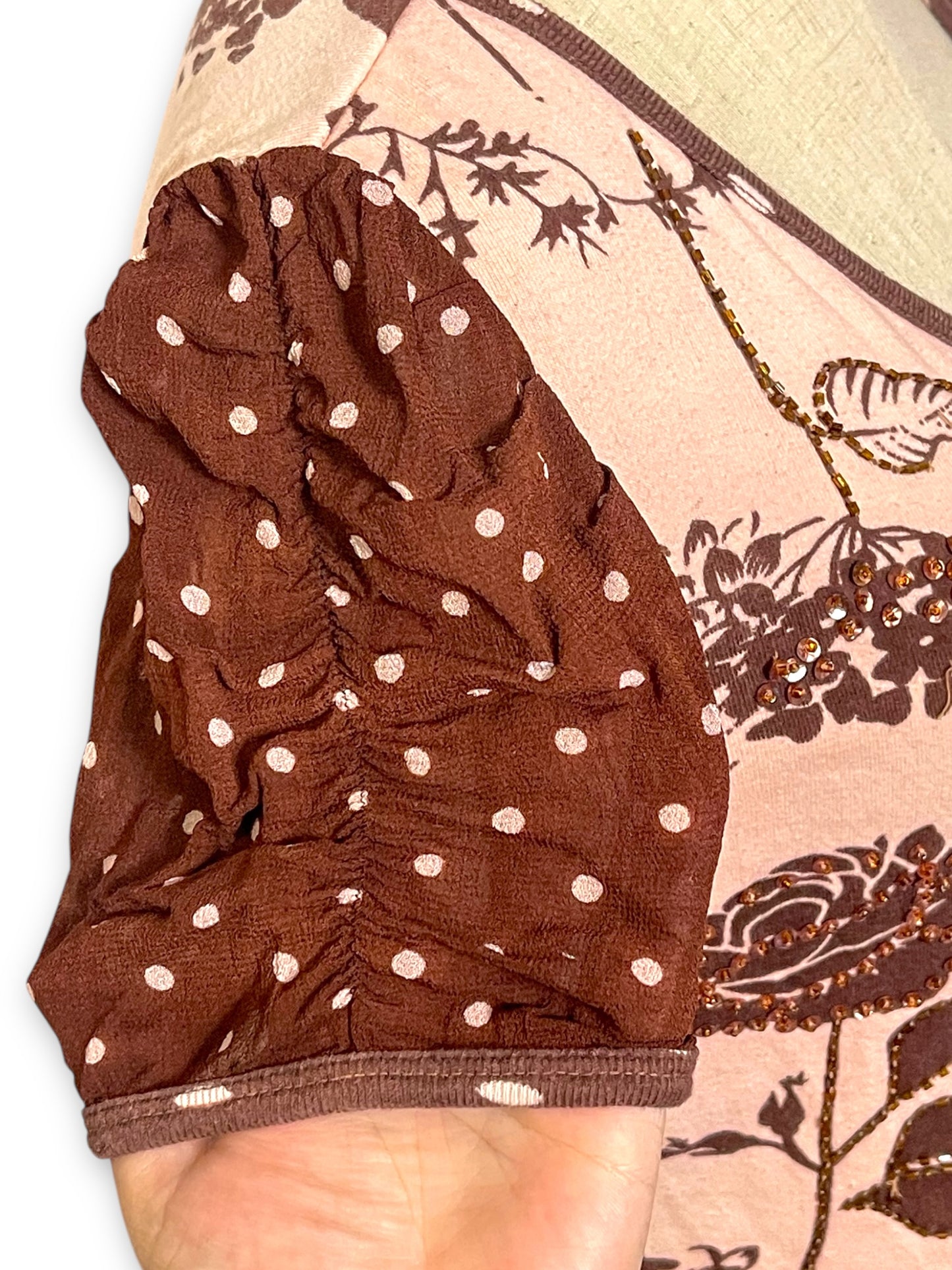 Y2K Pink and Brown Floral Print Top (S/M)