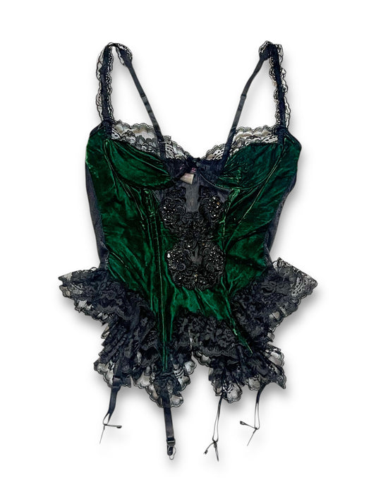 90’s Frederick’s of Hollywood Dark Green Velvet Basque Corset Top (M)