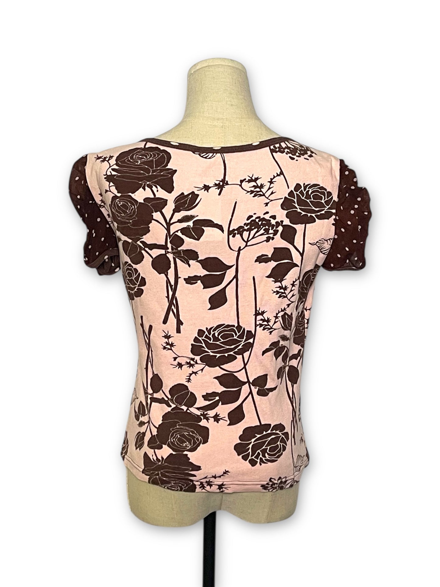 Y2K Pink and Brown Floral Print Top (S/M)
