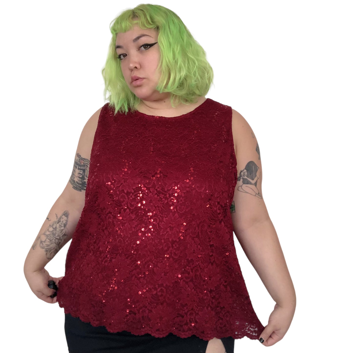 Y2K Catherine’s Wine Red Floral Lace Tank Top (3X)