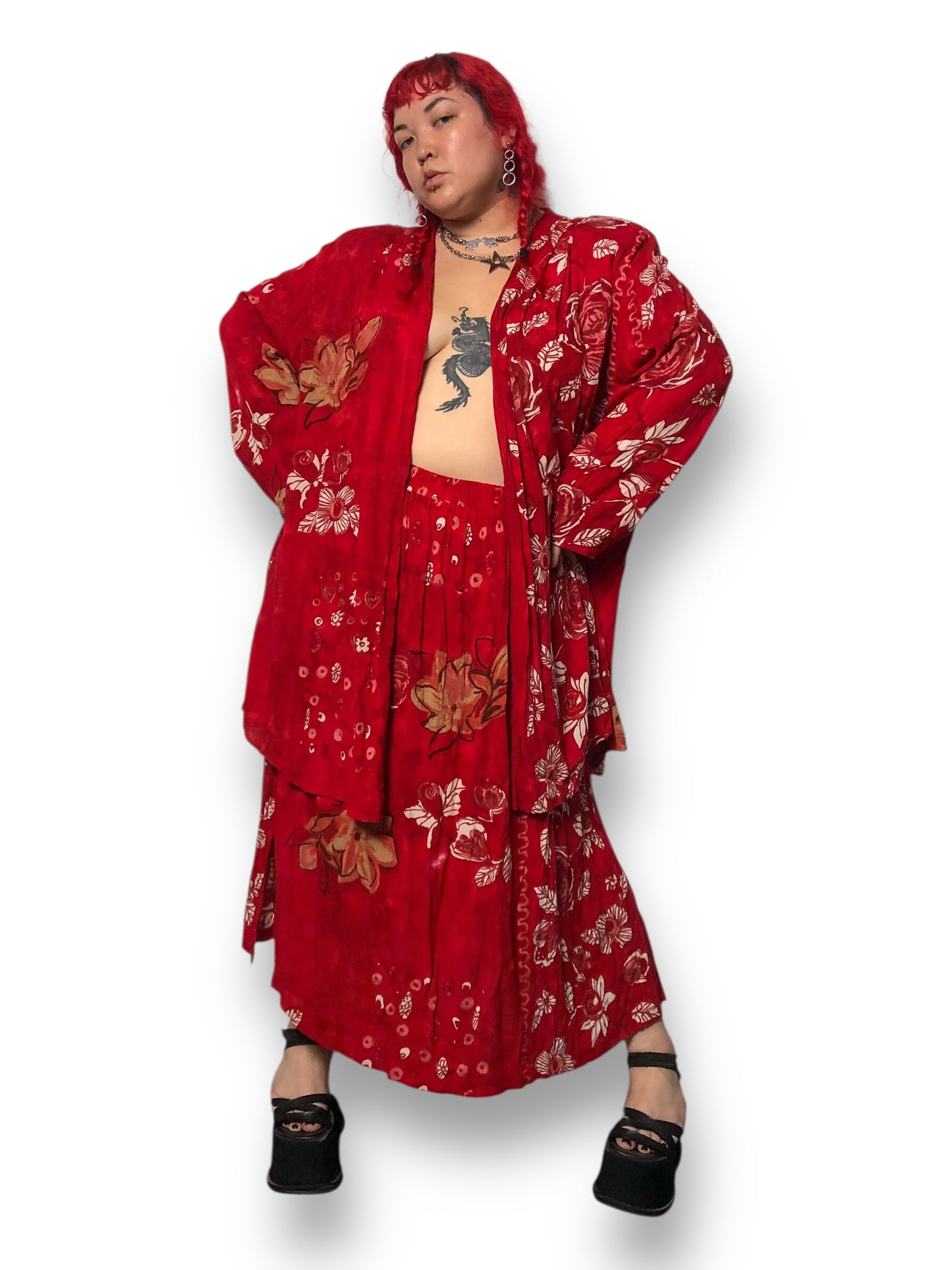 90’s August Max Woman Red Floral Print 2-Piece Set (2X)