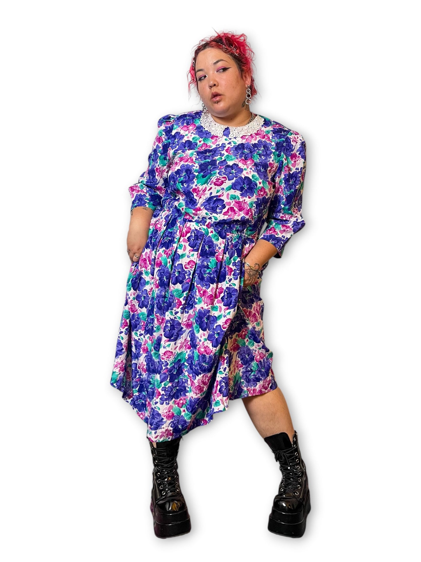 80’s Retro Floral Pleated Dress (1X/2X)