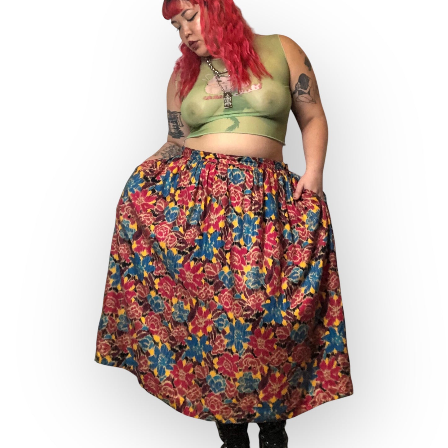 80’s Charter Club Colorful Floral Watercolor Print Skirt (2X)