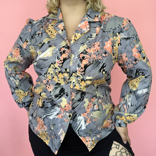 70's/80's Joanna Gray Floral Watercolor Print Blouse (L/XL)