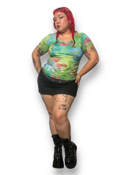 Y2K Chico’s Green Floral Graphic Print Shirt (XL)
