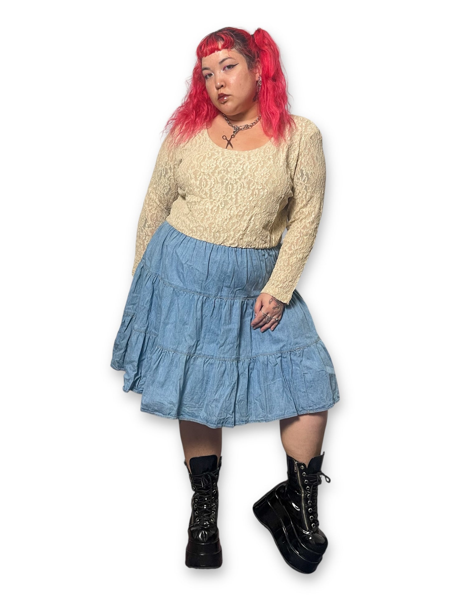 80’s/90’s Prairie Lace Denim Tiered Dress (3X)