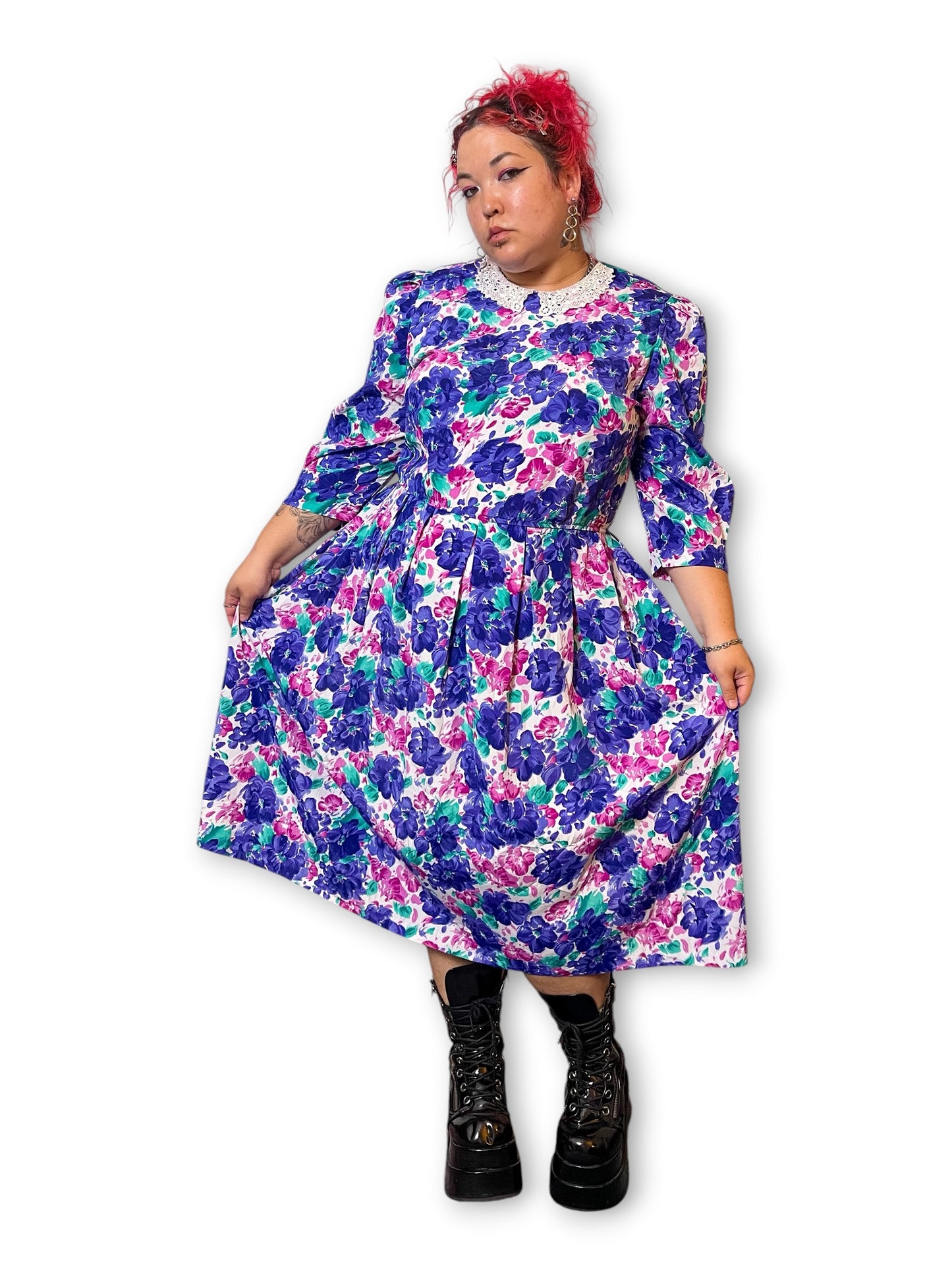 80’s Retro Floral Pleated Dress (1X/2X)
