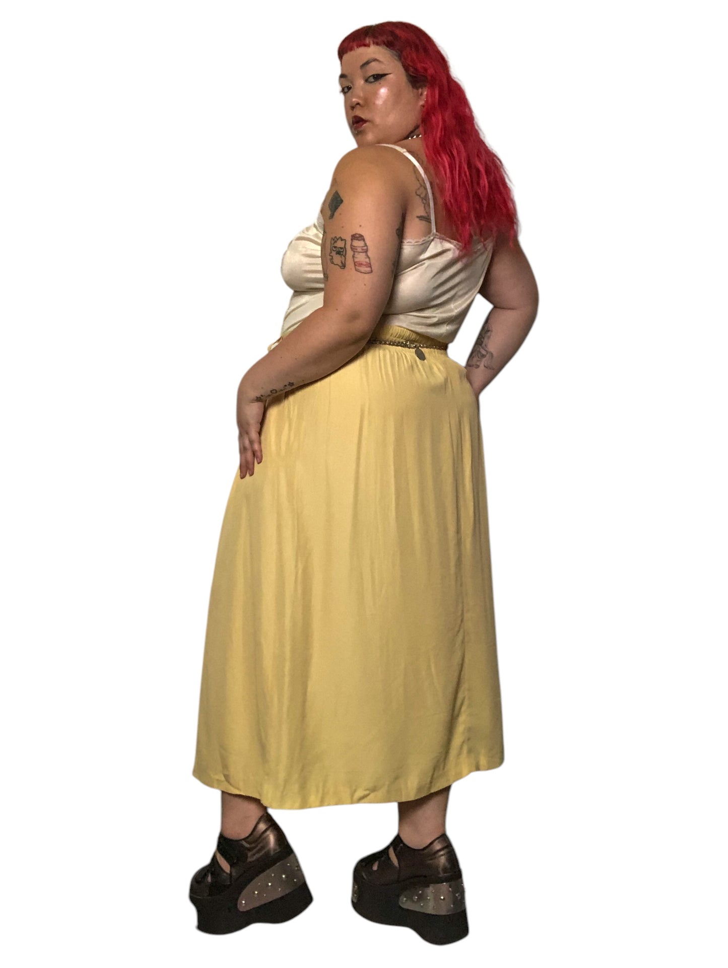 80’s/90’s Michael & Company Pale Yellow Pleated Midi Skirt (2X)