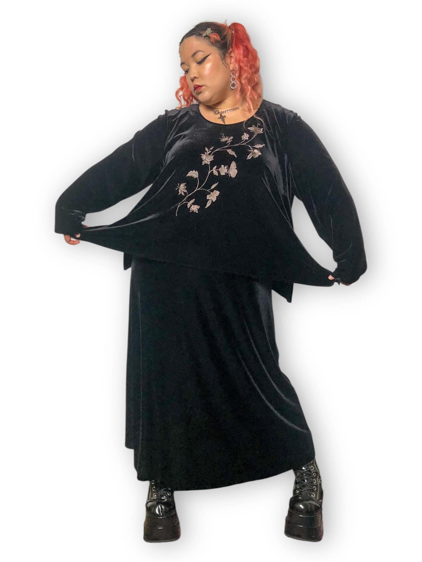 90’s/Y2K Jazz II Black Velvet Long Sleeve Maxi Dress (3X)