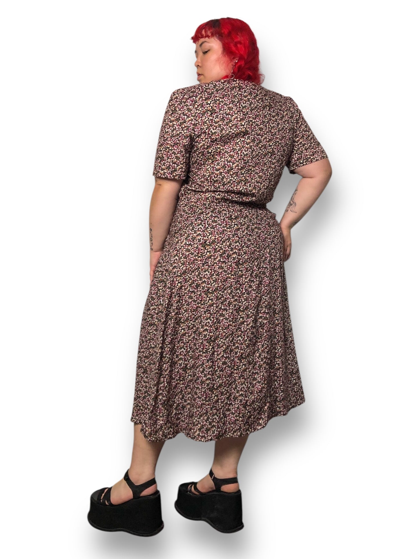 80’s Ms. Basia California Purple Floral Print A-Line Dress (XL)