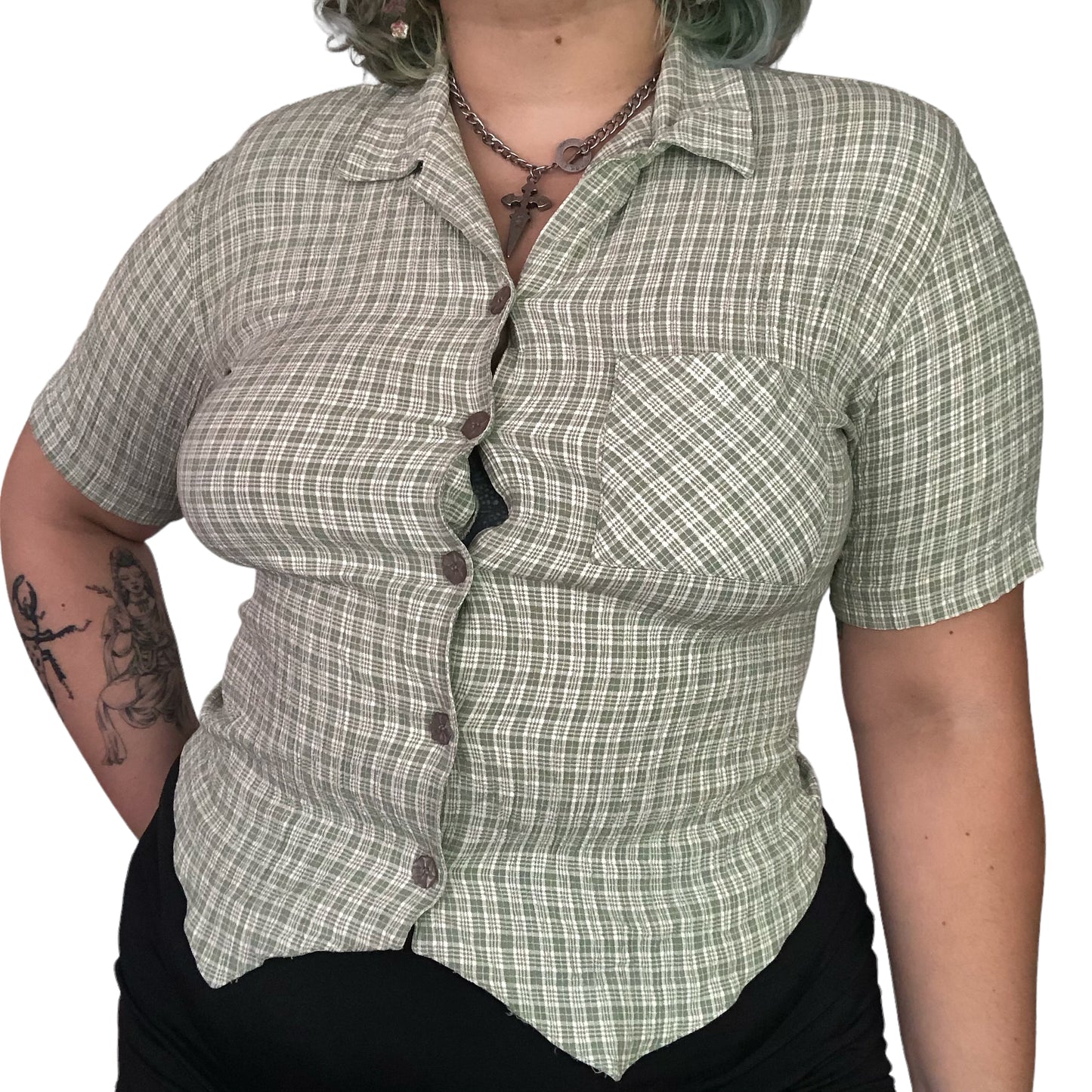 80's/90's Teddi Light Green Plaid Blouse (L)