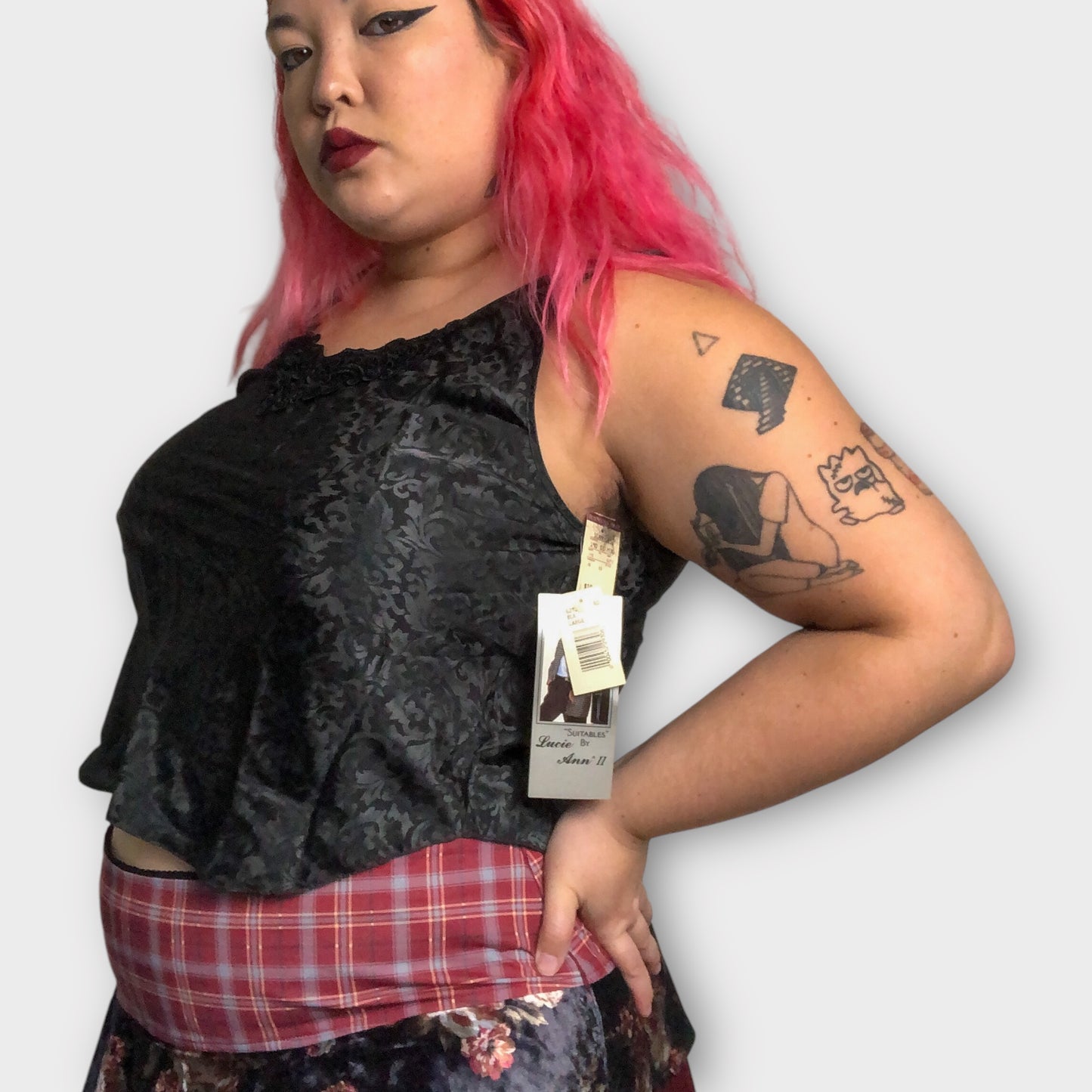 90’s Lucie Ann II Black Filigree Satin Tank Top (L)
