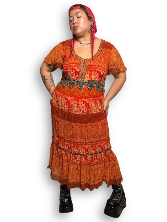 90’s/Y2K Signature by Robbie Bee Orange Patterned Maxi Dress (2X)