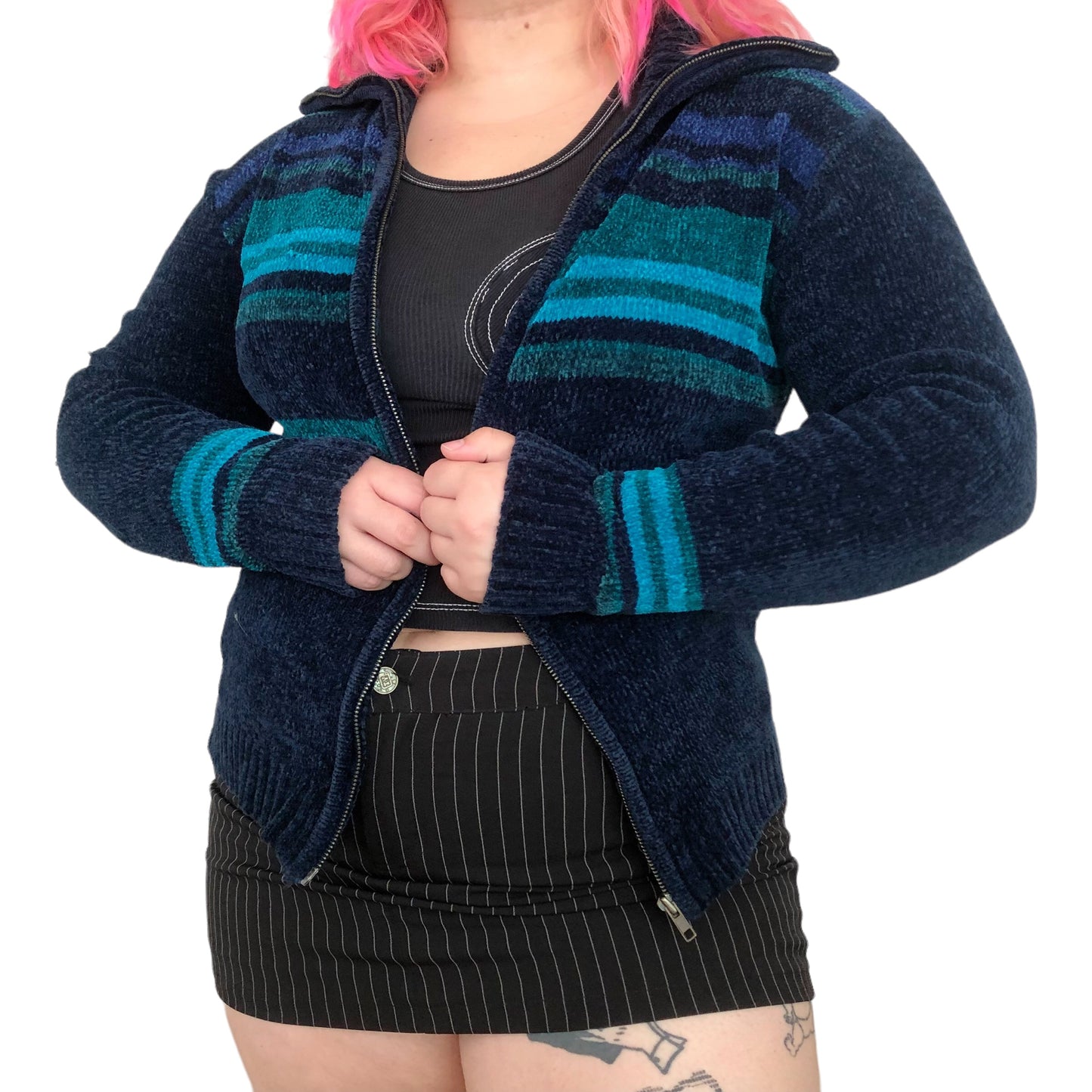 90’s/Y2K Navy Blue Striped Chenille Knit Cardigan Sweater (L)