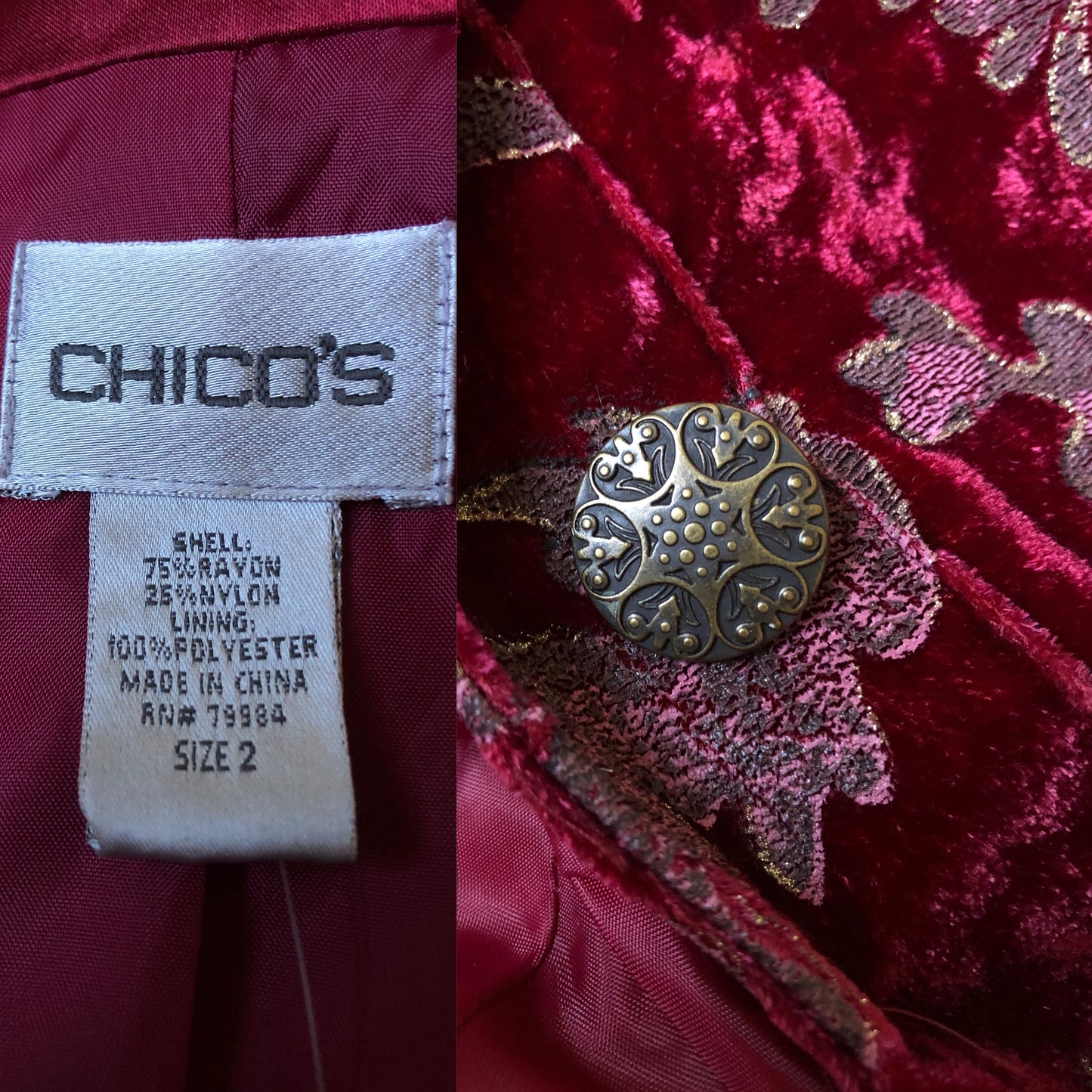 90’s/Y2K Chico’s Red Paisley Velvet Blazer (XL)