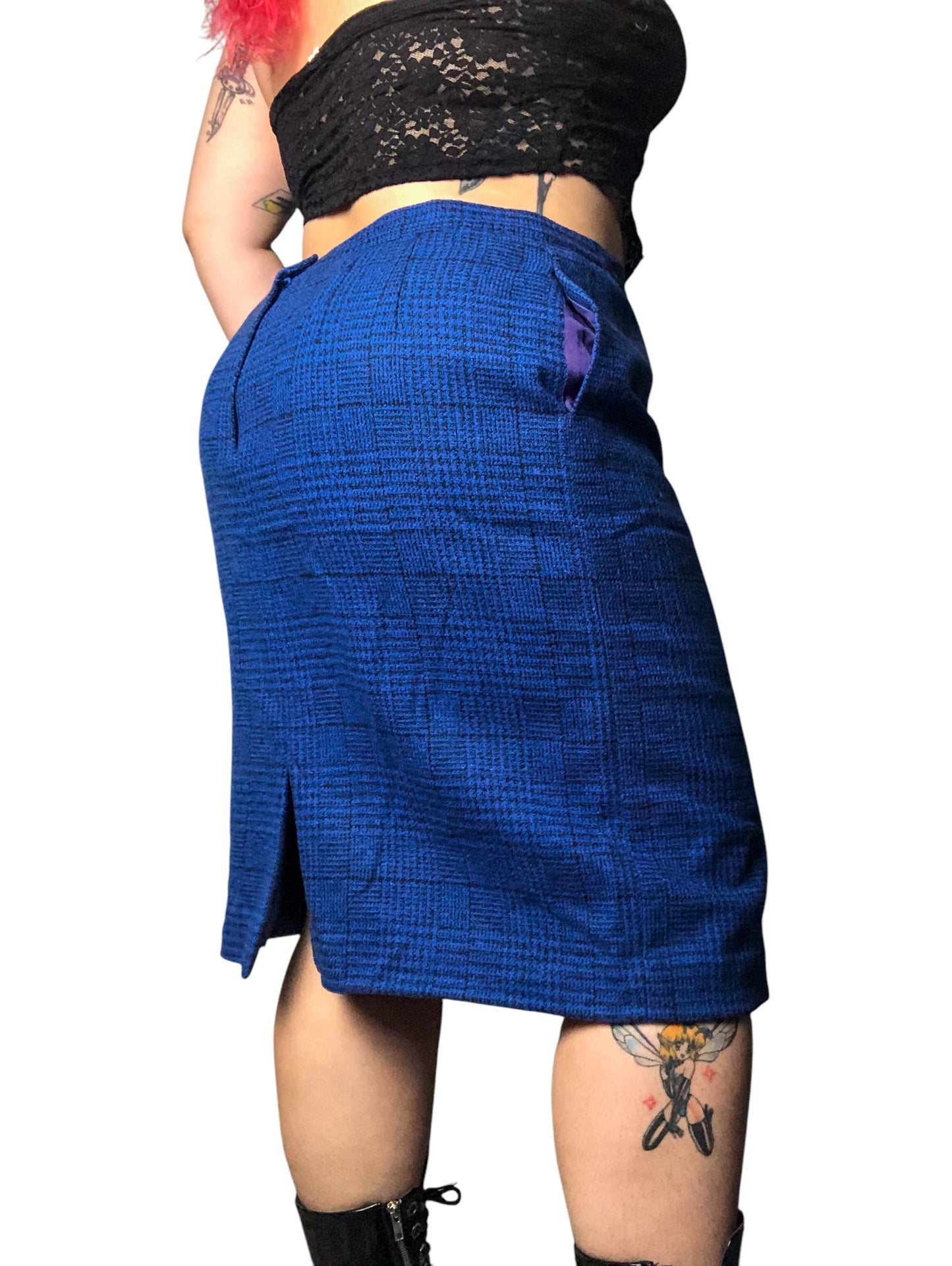 80’s Daniel Niveau Blue and Black Houndstooth Plaid Pencil Skirt (2X)