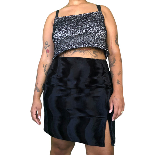 90’s Grand Prix Black Faux Fur Mini Skirt (XL)